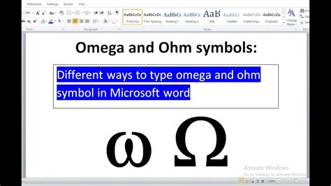 lowercase omega symbol in word.